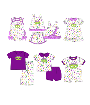 Wholesale Organic Cotton Mardi Gras print Short Sleeve Summer Baby Boy Outfits baby clothing set