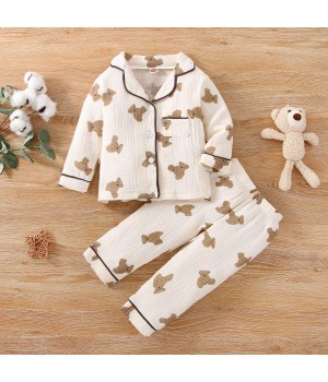 2024 Children's little bears printed cotton long sleeved pajamas muslin boys and girls baby single breasted trousers home clothe