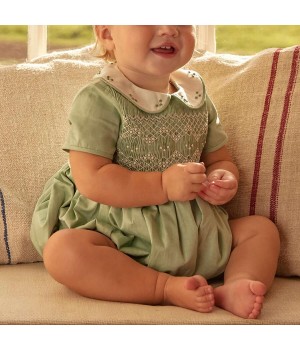 Custom Cotton Hand Smocked Baby Clothes Boutique Embroidery Short Sleeve Toddler Jumpsuit Peter Pan Collar Kids Romper Girl