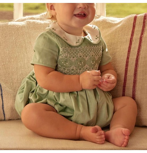 Custom Cotton Hand Smocked Baby Clothes Boutique Embroidery Short Sleeve Toddler Jumpsuit Peter Pan Collar Kids Romper Girl Custom Cotton Hand Smocked Baby Clothes Boutique Embroidery Short Sleeve Toddler Jumpsuit Peter Pan Collar Kids Romper Girl