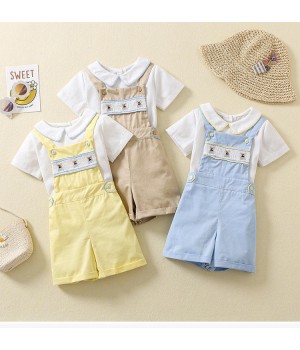 2023 summer infant baby boy gentle shirt with jumpsuit embroidery smocked clothing for children kids wedding clothes s08AS200
