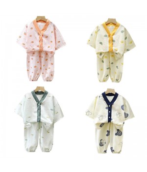 Summer children light double cotton long sleeved trousers home dress cute boys and girls clothing set
