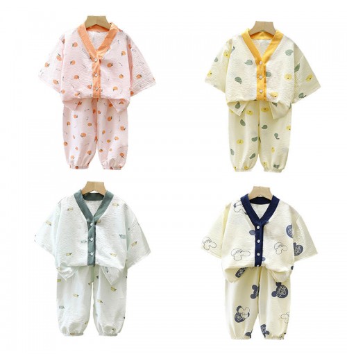Summer children light double cotton long sleeved trousers home dress cute boys and girls clothing set Summer children light double cotton long sleeved trousers home dress cute boys and girls clothing set
