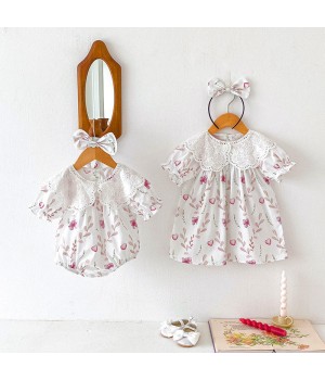 Summer Baby Clothes Sweet Girls Lace Lapel Dress Printed Flower Bubble Sleeve Newborn Romper Sisters