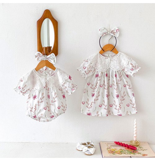 Summer Baby Clothes Sweet Girls Lace Lapel Dress Printed Flower Bubble Sleeve Newborn Romper Sisters Summer Baby Clothes Sweet Girls Lace Lapel Dress Printed Flower Bubble Sleeve Newborn Romper Sisters
