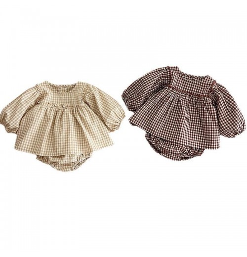 Baby suit Long sleeve suit plaid puffed sleeve doll top triangle pant suit Baby suit Long sleeve suit plaid puffed sleeve doll top triangle pant suit