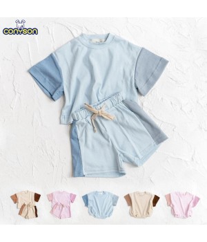 Conyson RTS Summer Toddler Girls Cotton Short Sleeve Top+Shorts Set Boys Shortsleeve Tee Outfits Set Kids Stitching Color Cloth