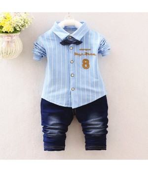 2023 Spring Autumn Casual Baby Cloths Long Sleeve Lapel Striped Number 8 Shirt Denim Trousers 2Pcs Suit Boy Clothing Kids