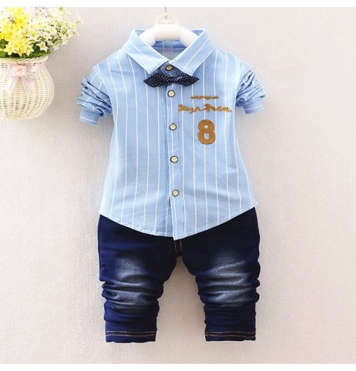 2023 Spring Autumn Casual Baby Cloths Long Sleeve Lapel Striped Number 8 Shirt Denim Trousers 2Pcs Suit Boy Clothing Kids 2023 Spring Autumn Casual Baby Cloths Long Sleeve Lapel Striped Number 8 Shirt Denim Trousers 2Pcs Suit Boy Clothing Kids