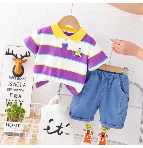Boys summer color strip lapel short sleeve suit 2023 new baby short sleeve clothes little boys children's cool children's clothe Boys summer color strip lapel short sleeve suit 2023 new baby short sleeve clothes little boys children's cool children's clothe