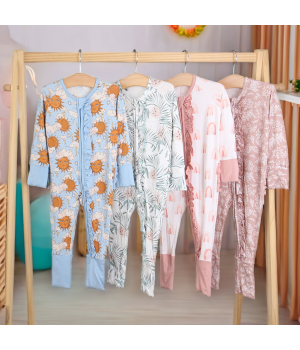 New Soft Baby Clothing Baby Boys Girls Jumpsuit Bamboo Viscose Spandex Custom Printed Sleepsuit Baby Ruffle Zipper Romper