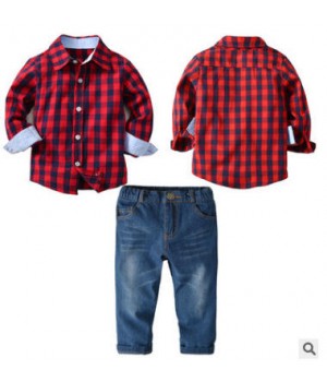 Newborn Baby Set Small Kids Cloth Wholesale Plaid Shirt Long Sleeves Beautiful Jeans 2 Pieces Boyset