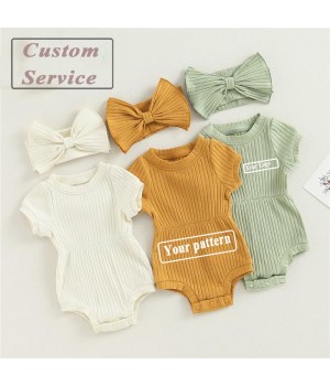 Spring Baby Cute Bow Soft Plain Short Sleeve Snap Button Custom New Born Ribbed Onesie Tee Toddler Girl Bubble Rompers