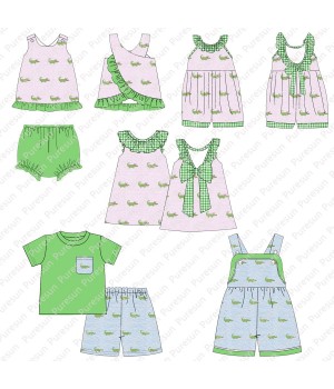 Wholesale Children Matching Boutique Outfits Puresun OEM Applique Designs Kids Clothing with Alligators Smocked