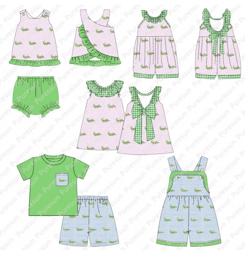 Wholesale Children Matching Boutique Outfits Puresun OEM Applique Designs Kids Clothing with Alligators Smocked Wholesale Children Matching Boutique Outfits Puresun OEM Applique Designs Kids Clothing with Alligators Smocked