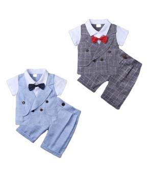 Toddle Infant Baby Boy Birthday Outfit Summer Short Sleeve Plaid Formal Suit Gentleman Shirt&Short Clothing Set With Bow
