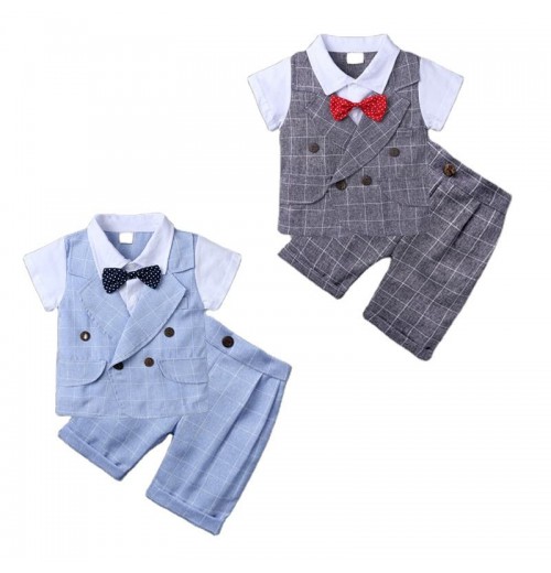 Toddle Infant Baby Boy Birthday Outfit Summer Short Sleeve Plaid Formal Suit Gentleman Shirt&Short Clothing Set With Bow Toddle Infant Baby Boy Birthday Outfit Summer Short Sleeve Plaid Formal Suit Gentleman Shirt&Short Clothing Set With Bow